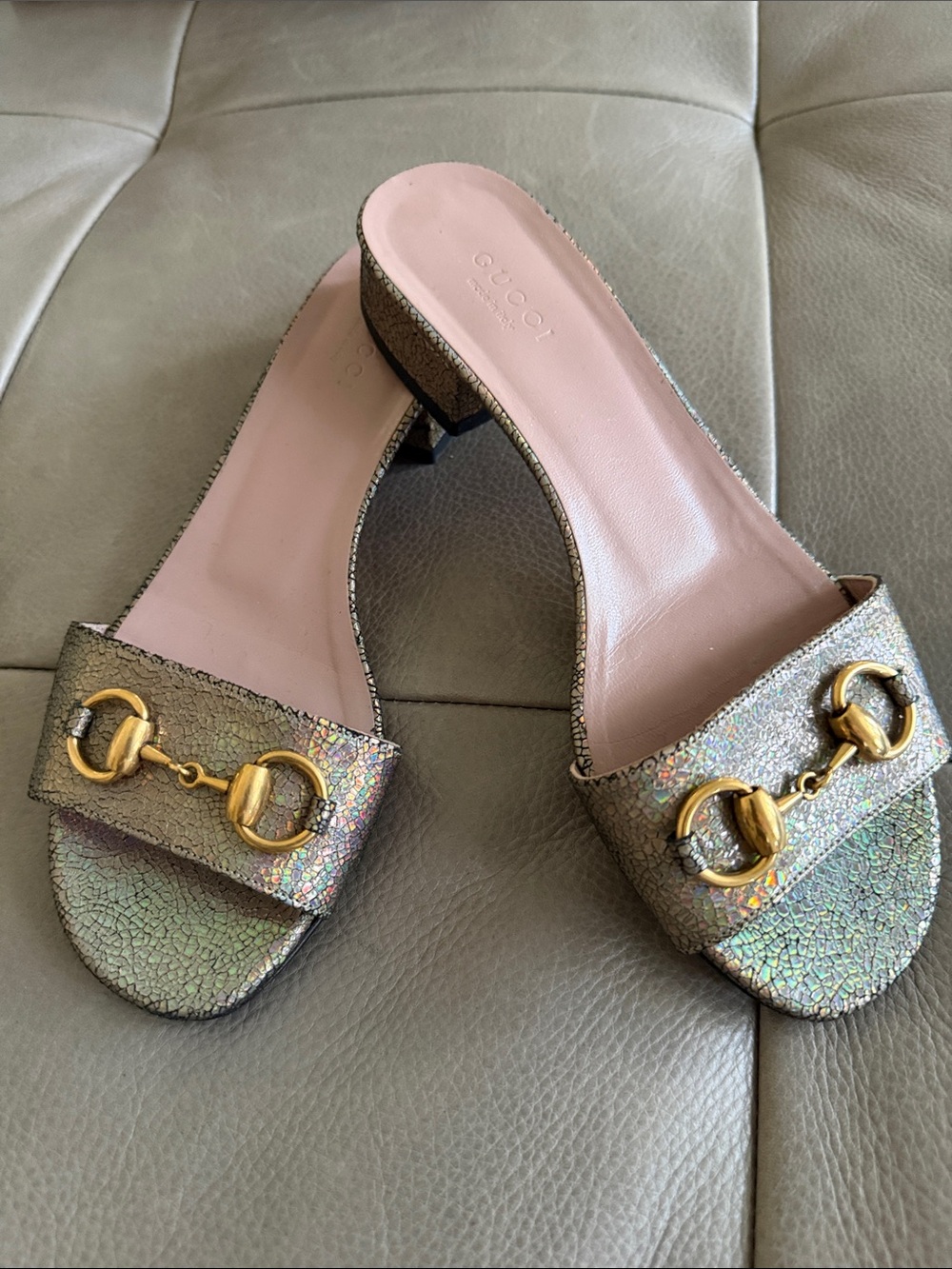 Gucci Iridescent holographic slides with Pink Insole and Gold Horsebit size 6/36